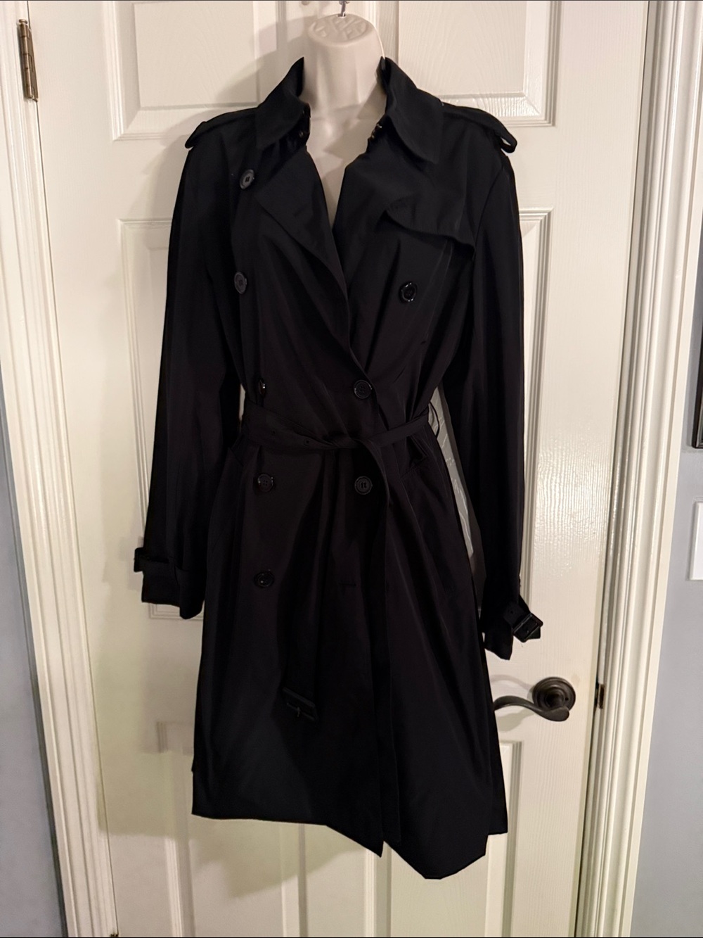 Norma Kamali Black Double-Breasted Trench Coat with Waist Tie